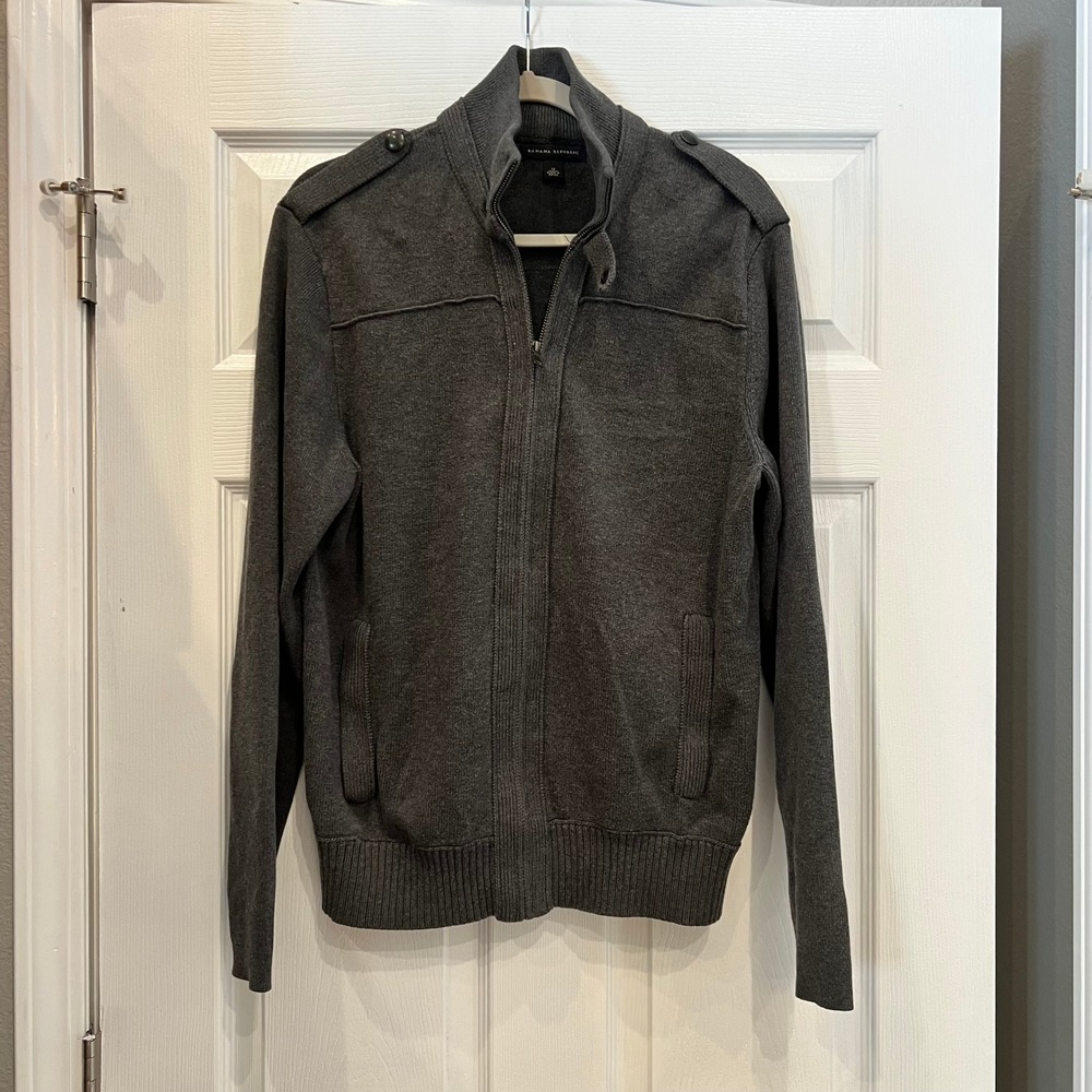 Banana Republic Cardigan Pima Cotton Wool Military Charcoal Grey Mock Neck M